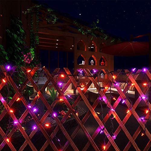 RECESKY 100 LED Halloween Icicle Lights - 7.7ft Purple Orange Curtain String Lights with 30v Plug in for Outdoor Garden House Window Decor - Extendable Halloween Lighting, Halloween Party Decorations
