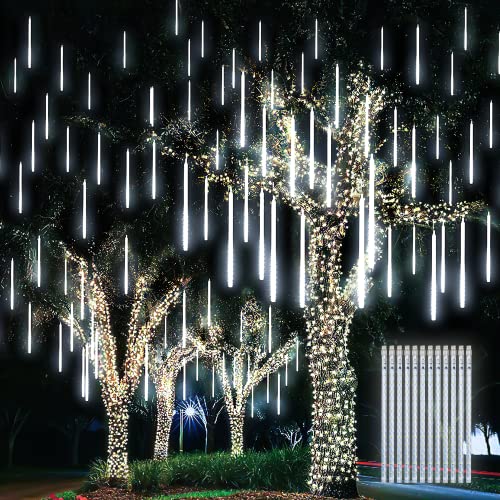 PGFUN Meteor Shower Rain Lights 12.2 inch 12 Tubes 288 LEDs Christmas Snow Falling Icicle LED String Lights Cascading Lighting for Halloween Wedding Garden Trees Patio Decoration (White)