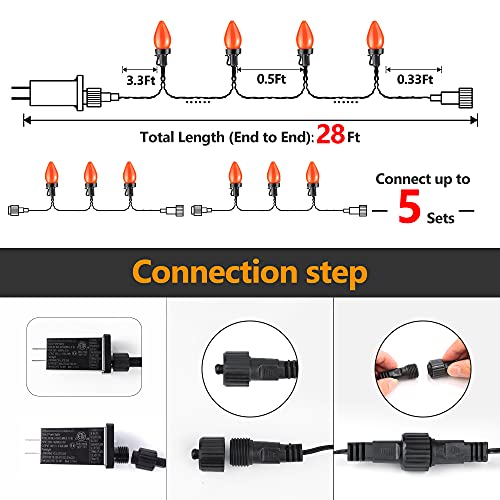 RECESKY C7 Halloween String Lights - 50 LED 24Ft Smooth Bulb Orange Light with 30v Adaptor - Extendable 8 Modes Fairy Lighting - Plug in Halloween Lights Bedroom House Halloween Party Decorations