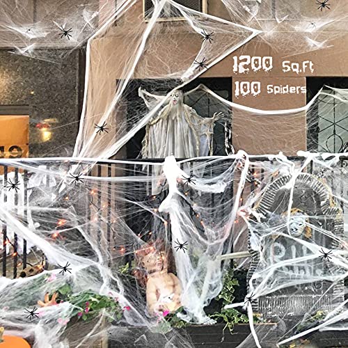 1200 sqft Spider Webs Halloween Decorations, Super Stretch DIY Mega Cobwebs White Webbing with 100 Plastic Fake Spiders Spooky Haunted House Yard Lawn Patio Tablecover Home Office Tree Creepy Scene Props Indoor Outdoor Decor Halloween Party Supplies (300g/10.58 oz)