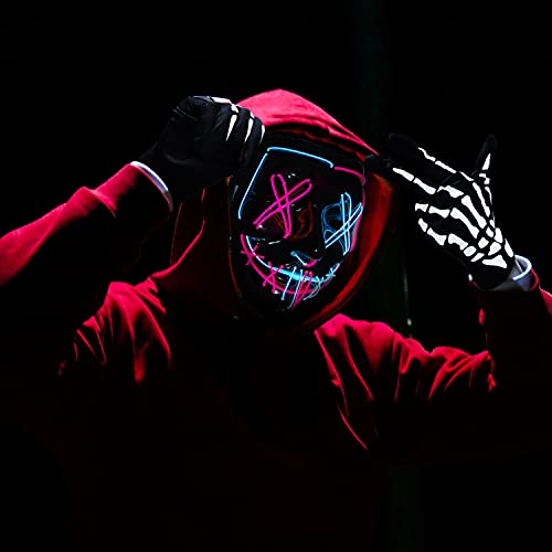 Halloween Mask LED Light up EL Wire Purge Scary Mask Cosplay for Festival Parties Masquerade Parties for Kids Men Women(Blue-purple)