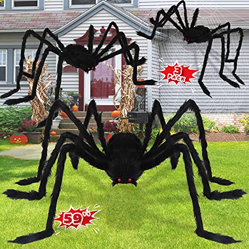 LOVKIZ Halloween Giant Spider Decorations (3 Pack), Realistic Halloween Spider Props, Fake Scary Hairy Spiders Sets for Halloween Decorations Indoor, Outdoor and Yard Creepy Decor (59", 49”, 35”)