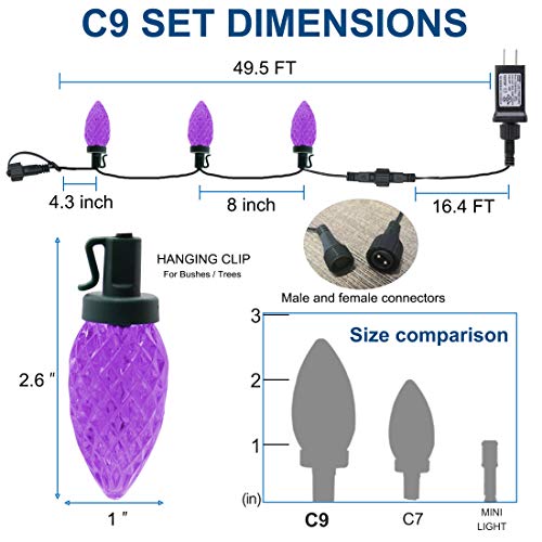 Twinkle Star C9 Halloween String Lights, 50 LED 33ft Outdoor Fairy Lights with 29V Safe Adaptor, Extendable Green Wire Christmas String Lights for Patio Xmas Tree Wedding Party Decoration, Purple