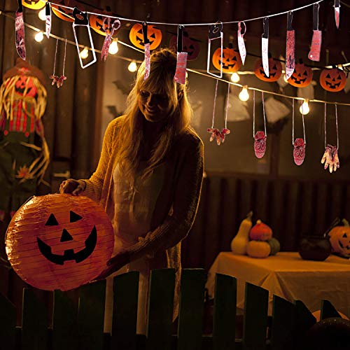 Omigga 18 pcs Halloween Props Decorations Blood Weapon Garland Banner Hand Broken Body Parts Fake Scary Blood Props for Halloween Party Haunted Houses Decorations，6 Body Parts +12 Weapon