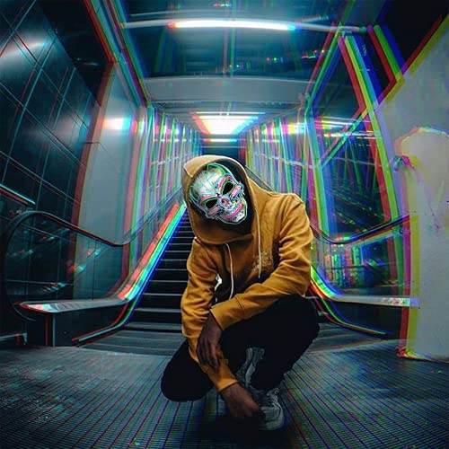 LUKAT LED Halloween Mask, Scary Halloween Costume Mask with EL Wire Light up 3 Flashing-Modes and Soft Sponge for Halloween Cosplay Costume Masquerade Parties, Carnival, Gifts