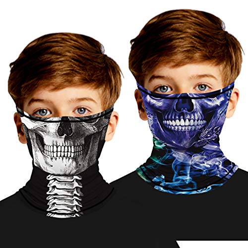Ainuno Kids Neck Gaiter Skull Bandana Mask with Ear Loops for Kids Boys Girls Child Face Balaclava Half Face Cover Scarf Mask Skull Printed Skeleton Halloween Mask Cool Funny,Skull Mask L 7-12 Years