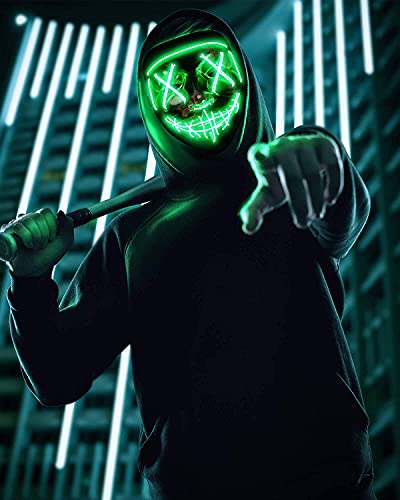 Colplay LED Light Up Halloween Mask,Scary Glow LED Face Mask with 3 lighting Modes & El Wire for Costume&Cosplay Party.Adjustable&Eco-Friendly Material for Men Women Kid-GREEN