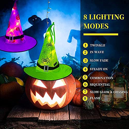 MZD8391 Halloween Decorations Lighted Witch Hats, 8Pcs Hanging Glowing Witch Hats 44ft Halloween Outdoor Lights String with 8 Lighting Modes for Outdoor, Garden, Yard, Tree