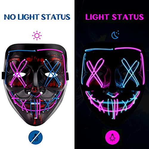 Halloween Mask LED Light up EL Wire Purge Scary Mask Cosplay for Festival Parties Masquerade Parties for Kids Men Women(Blue-purple)