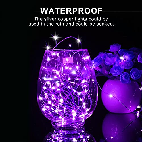 JMEXSUSS 4 Pack 50 LED Purple Fairy Lights Battery Operated, 16.1ft Silver Wire Mini Fairy Lights Waterproof, String Fairy Lights for Bedroom Indoor Patio Party Gifts Christmas Halloween Decoration