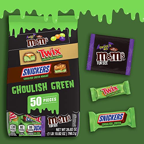 MARS Chocolate M&M'S, SNICKERS & TWIX Ghoulish Green Halloween Chocolate Candy Variety Pack, 26.82 oz, 50 Piece Bag