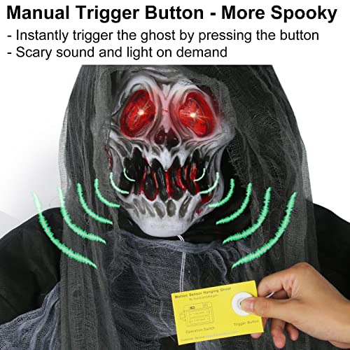 Halloween Hanging Ghost, 5.7 Ft Large Life size Halloween Prop Skull with LED Glowing Eyes and Creepy Shrilling Sound Scary Grim Reaper with Detachable Bendable Arms Perfect for Halloween Party Decor