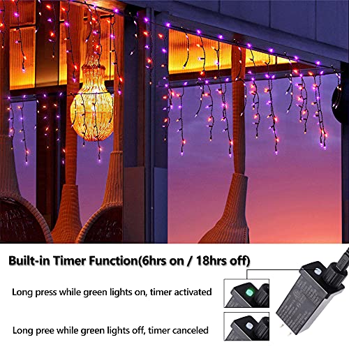 RECESKY 100 LED Halloween Icicle Lights - 7.7ft Purple Orange Curtain String Lights with 30v Plug in for Outdoor Garden House Window Decor - Extendable Halloween Lighting, Halloween Party Decorations