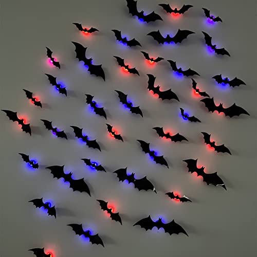 Halloween Decoration LED Bats Light Wall Decor - 3D Halloween Decor Bats Sticker Light, 3 Sizes Waterproof PVC Bat Stickers for Home Decor Indoor Party Decorations（24PCS）