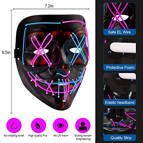 Halloween Mask LED Light up EL Wire Purge Scary Mask Cosplay for Festival Parties Masquerade Parties for Kids Men Women(Blue-purple)