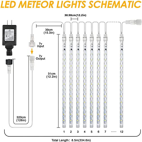 PGFUN Meteor Shower Rain Lights 12.2 inch 12 Tubes 288 LEDs Christmas Snow Falling Icicle LED String Lights Cascading Lighting for Halloween Wedding Garden Trees Patio Decoration (White)