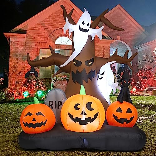 GOOSH 8 FT Halloween Inflatables Outdoor Dead Tree with White Ghosts & Pumpkins, Blow Up Yard Decoration Clearance with LED Lights Built-in for Holiday/Christmas/Party/Yard/Garden