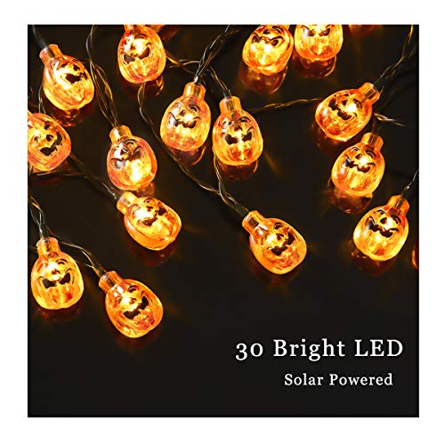 Halloween Pumpkin String Lights Eurus Home 20 ft 30 LED Halloween Lights | Solar Powered Pumpkin Lights with 8 Lighting Modes Jack-O-Lantern Decorative Lights for Indoor Outdoor Halloween Party IP65