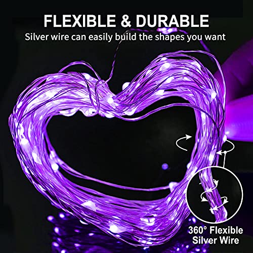 JMEXSUSS 4 Pack 50 LED Purple Fairy Lights Battery Operated, 16.1ft Silver Wire Mini Fairy Lights Waterproof, String Fairy Lights for Bedroom Indoor Patio Party Gifts Christmas Halloween Decoration