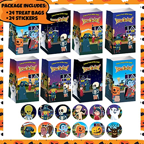 ArtCreativity Halloween Treat Bags, Set of 24 Paper Bags and 24 Stickers, 10 Inch Halloween Candy Bags with Sealing Stickers, Halloween Goodie Bags for Sweets, Toys, Gifts, and More