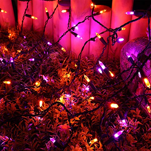 RECESKY 100 LED Halloween Icicle Lights - 7.7ft Purple Orange Curtain String Lights with 30v Plug in for Outdoor Garden House Window Decor - Extendable Halloween Lighting, Halloween Party Decorations