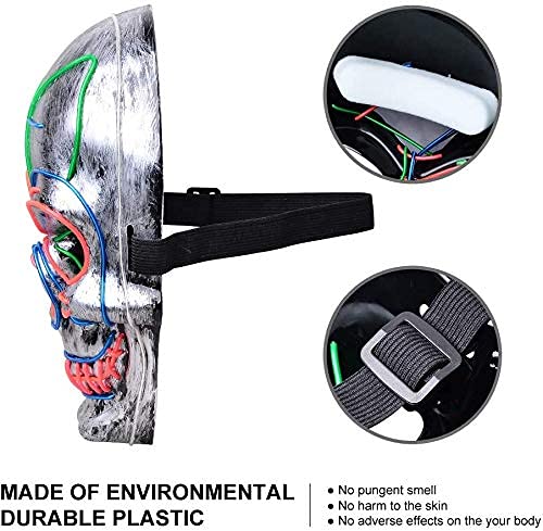 LUKAT LED Halloween Mask, Scary Halloween Costume Mask with EL Wire Light up 3 Flashing-Modes and Soft Sponge for Halloween Cosplay Costume Masquerade Parties, Carnival, Gifts