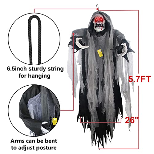 Halloween Hanging Ghost, 5.7 Ft Large Life size Halloween Prop Skull with LED Glowing Eyes and Creepy Shrilling Sound Scary Grim Reaper with Detachable Bendable Arms Perfect for Halloween Party Decor