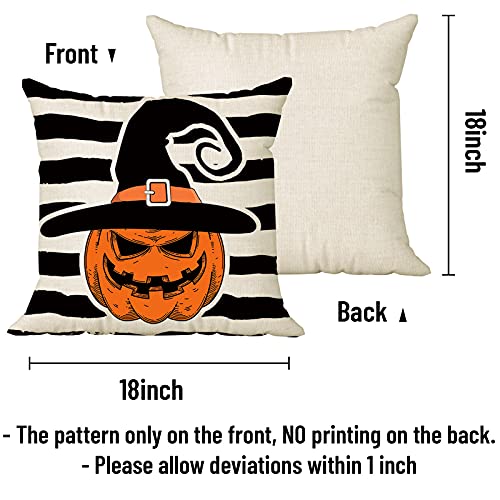 Happy Halloween Pillow Cover 18 x 18 Set of 4 with 4 Bonus Decorative Coasters, Linen Spooky Pumpkin Witch Castle Trick or Treat Pillowcase, Festive Halloween Decorations for Farmhouse