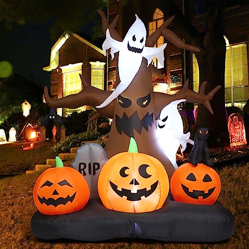 GOOSH 8 FT Halloween Inflatables Outdoor Dead Tree with White Ghosts & Pumpkins, Blow Up Yard Decoration Clearance with LED Lights Built-in for Holiday/Christmas/Party/Yard/Garden