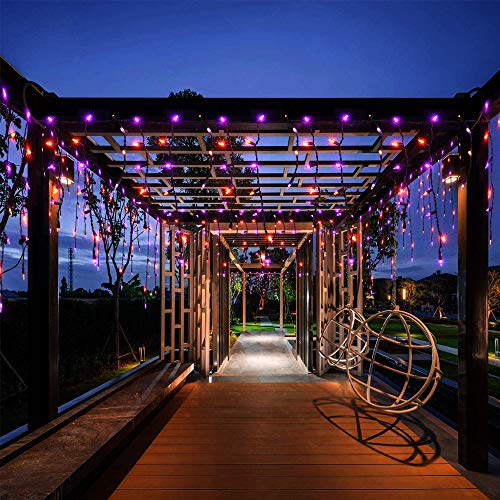 RECESKY 100 LED Halloween Icicle Lights - 7.7ft Purple Orange Curtain String Lights with 30v Plug in for Outdoor Garden House Window Decor - Extendable Halloween Lighting, Halloween Party Decorations