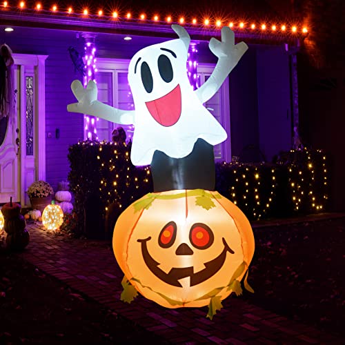 GOOSH 5 FT Tall Halloween Inflatable Cute Ghost Pumpkin with Witch Hat with Build-in LEDs Blow Up for Halloween Party Decorations Halloween Indoor Outdoor