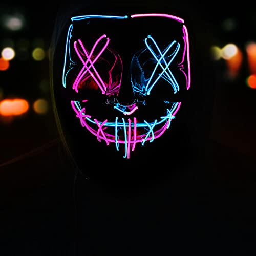 Halloween Mask LED Light up EL Wire Purge Scary Mask Cosplay for Festival Parties Masquerade Parties for Kids Men Women(Blue-purple)