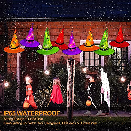 MZD8391 Halloween Decorations Lighted Witch Hats, 8Pcs Hanging Glowing Witch Hats 44ft Halloween Outdoor Lights String with 8 Lighting Modes for Outdoor, Garden, Yard, Tree