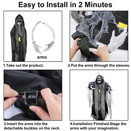 Halloween Hanging Ghost, 5.7 Ft Large Life size Halloween Prop Skull with LED Glowing Eyes and Creepy Shrilling Sound Scary Grim Reaper with Detachable Bendable Arms Perfect for Halloween Party Decor