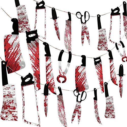 32PCS Halloween Bloody Garland Banner Props Halloween Decorations Halloween Zombie Vampire Party Decorations Supplies for Haunted House Bar Office Home Indoor Outdoor Yard Décor Weapons Hanging Banner