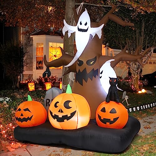 GOOSH 8 FT Halloween Inflatables Outdoor Dead Tree with White Ghosts & Pumpkins, Blow Up Yard Decoration Clearance with LED Lights Built-in for Holiday/Christmas/Party/Yard/Garden