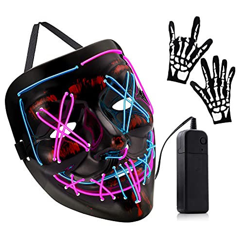 Halloween Mask LED Light up EL Wire Purge Scary Mask Cosplay for Festival Parties Masquerade Parties for Kids Men Women(Blue-purple)