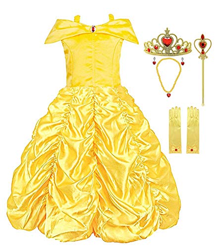 Padete Little Girls Princess Yellow Party Costume Off Shoulder Dress with Accessories (Yellow with Accessories, 5 years/120cm)