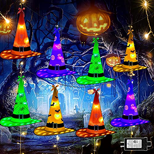 ROADAYLY Halloween Decorations Witch Hat Lights 8pcs 26ft LED Hanging Glowing Large Witch Hats 8 Modes with Waterproof Timer Witch Hat String Lights for Outdoor Indoor Eaves Porch Courtyard Party
