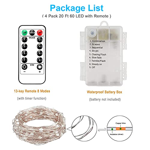 Homemory 4 Pack 20 Ft 60 LED Halloween Fairy Lights, Battery Operated Christmas Lights with Remote, Waterproof 8 Modes Firefly Twinkle String Lights for Party Halloween Decorations, Orange