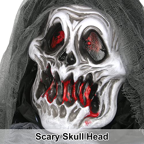 Halloween Hanging Ghost, 5.7 Ft Large Life size Halloween Prop Skull with LED Glowing Eyes and Creepy Shrilling Sound Scary Grim Reaper with Detachable Bendable Arms Perfect for Halloween Party Decor