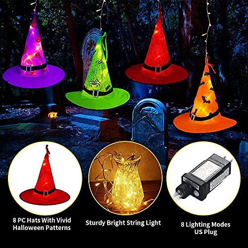 MZD8391 Halloween Decorations Lighted Witch Hats, 8Pcs Hanging Glowing Witch Hats 44ft Halloween Outdoor Lights String with 8 Lighting Modes for Outdoor, Garden, Yard, Tree