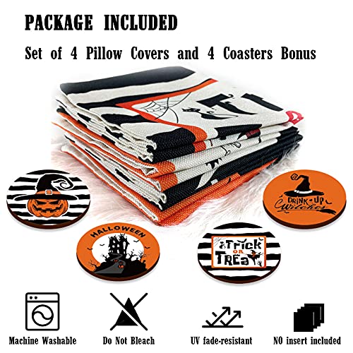 Happy Halloween Pillow Cover 18 x 18 Set of 4 with 4 Bonus Decorative Coasters, Linen Spooky Pumpkin Witch Castle Trick or Treat Pillowcase, Festive Halloween Decorations for Farmhouse