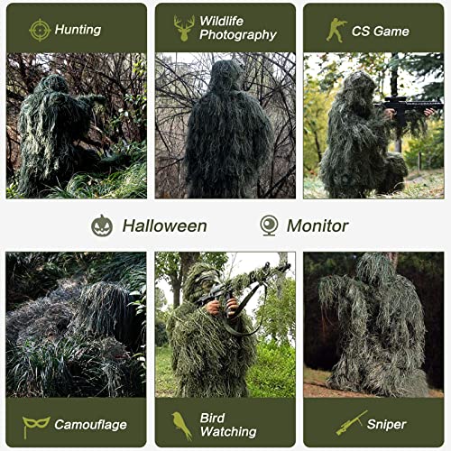 MOPHOTO 5 in 1 Ghillie Suit, 3D Camouflage Hunting Apparel Including Jacket, Pants, Hood, Carry Bag Suitable for Unisex Adults (S/M/L/XL/XXL)