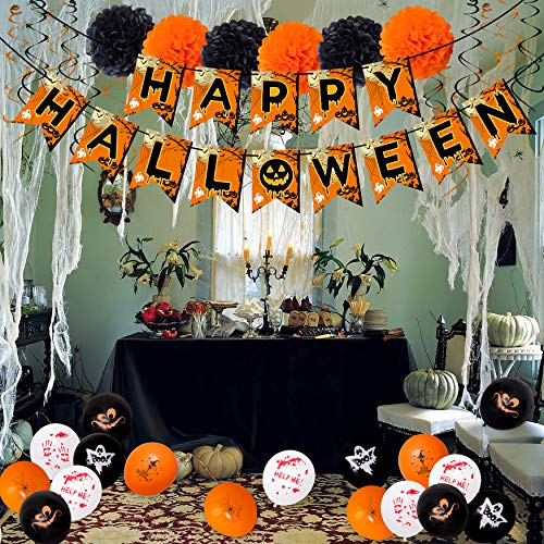 62PCS Halloween Party Decorations Set - Hallowmas Photo Booth Props Banner Balloons Pom Poms Hanging Swirls Spider Pumpkin Ornaments Supplies