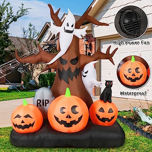 GOOSH 8 FT Halloween Inflatables Outdoor Dead Tree with White Ghosts & Pumpkins, Blow Up Yard Decoration Clearance with LED Lights Built-in for Holiday/Christmas/Party/Yard/Garden