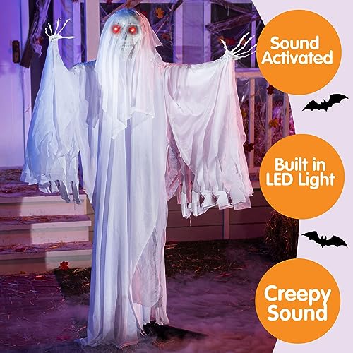 JOYIN 68" Halloween Animated Ghost Decoration, Standing Skeleton Ghost Prop with Light-up Eyes and Creepy Sound (Sound Activation) for Halloween Outdoor, Lawn, Yard, Patio, Haunted House Decorations