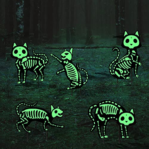 Outdoor Halloween Decorations Yard Signs - 5pcs Glow in the Dark Skeleton Black Cat Silhouette Lawn Signs with Stakes for Halloween Lawn Garden Front Yard Decorations Outside