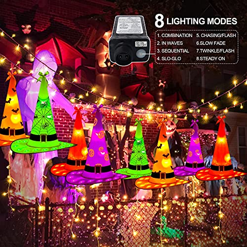 ROADAYLY Halloween Decorations Witch Hat Lights 8pcs 26ft LED Hanging Glowing Large Witch Hats 8 Modes with Waterproof Timer Witch Hat String Lights for Outdoor Indoor Eaves Porch Courtyard Party