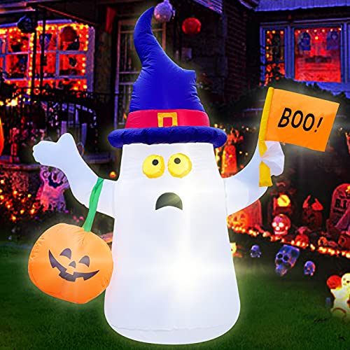 5FT Halloween Inflatable Decorations Outdoor Ghost with Pumpkin Lantern Witch Hat Blow Up Yard Decor for Holiday Party Garden Lawn Garden Outside